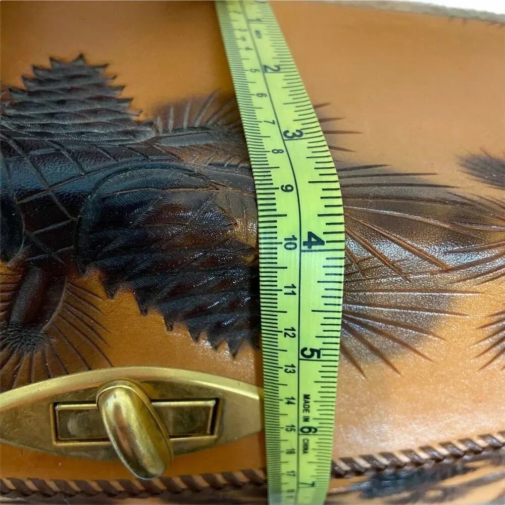 Tooled Leather Purse Handbag Women Handmade Pine Cone Brown Leather 60 70s Retro